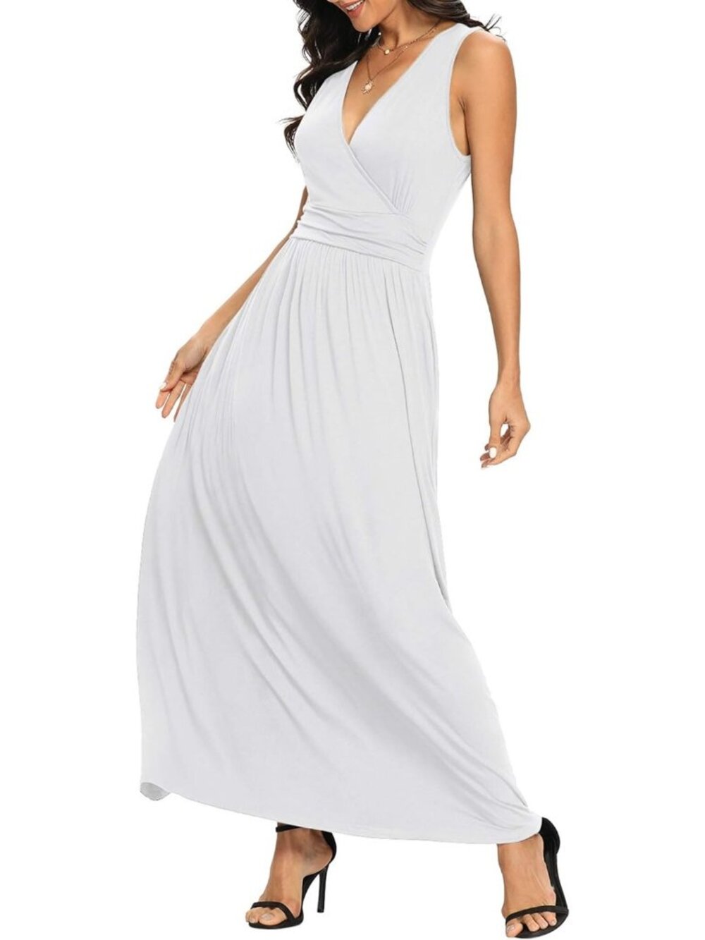 Lilbetter Women's White Sleeveless Deep Neck Loose Plain Long Maxi Casual Dress - Picture 4 of 6
